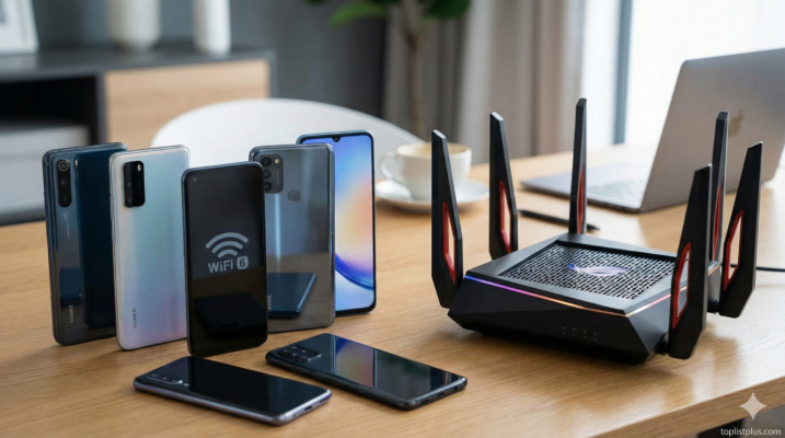 ภาพประกอบบทความคำถามที่พบบ่อยเกี่ยวกับ โทรศัพท์ WiFi 6 รุ่นไหนดี แสดงสมาร์ทโฟนหลายรุ่นและเราเตอร์