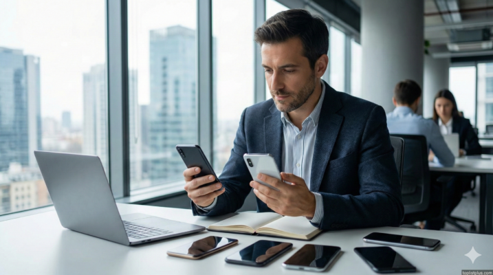 ชายหนุ่มวัยทำงานกำลังเปรียบเทียบสมาร์ทโฟนรุ่นต่างๆ บนโต๊ะทำงาน เพื่อประกอบบทความเคล็ดลับการเลือกซื้อ โทรศัพท์ สำหรับคนทำงาน รุ่นไหนดี