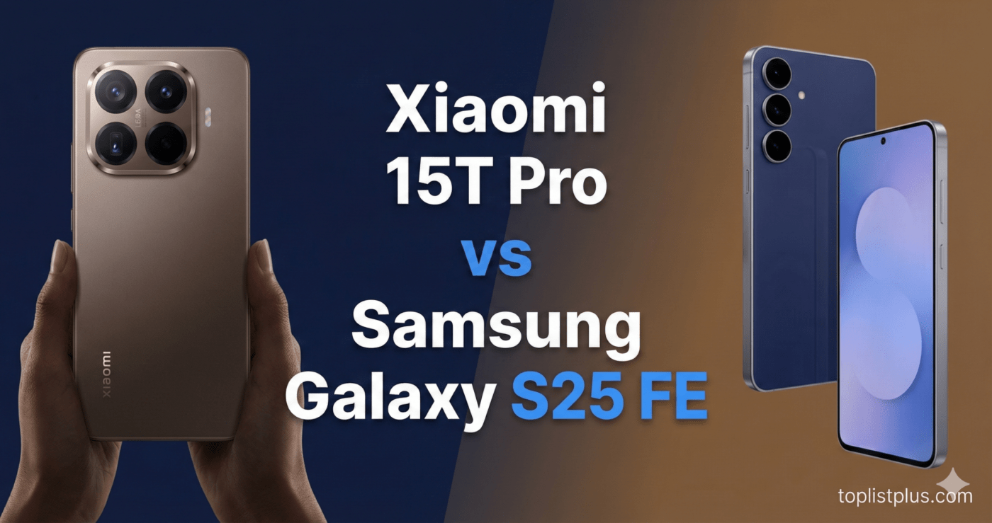 ภาพหน้าปกบทความเปรียบเทียบสมาร์ทโฟน Xiaomi 15T Pro กับ Samsung Galaxy S25 FE แสดงภาพเครื่องจริงและชื่อรุ่น