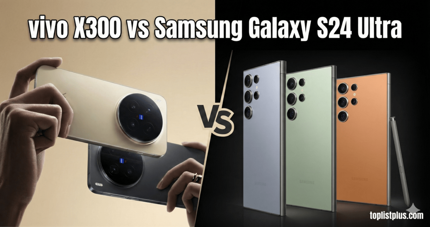 ภาพหน้าปกบทความเปรียบเทียบสมาร์ทโฟน vivo X300 vs Samsung Galaxy S24 Ultra แสดงดีไซน์ตัวเครื่องและกล้องหลัง พร้อมโลโก้ VS ตรงกลาง และลายน้ำ toplistplus.com