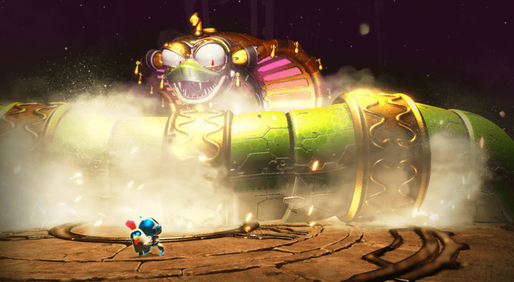 ภาพตัวละคร Astro จากการ รีวิวเกม Astro Bot บน PS5 กำลังโพสท่าท่ามกลางฉากหลังสีสันสดใสที่แสดงถึงกราฟิกอันสวยงามบนเครื่อง PlayStation 5