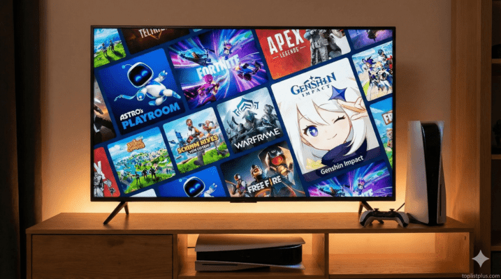 หน้าจอทีวีแสดงหน้ารวมเกมฟรี PS5 น่าเล่นหลายเกม เช่น Genshin Impact, Fortnite, Apex Legends และ Astro's Playroom พร้อมวางเครื่องคอนโซล PlayStation 5 ไว้ด้านข้าง