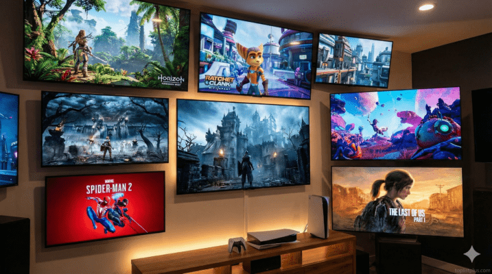 : เกม PS5 ภาพสวยที่สุดที่แสดงบนหน้าจอหลายจอในห้องเล่นเกม