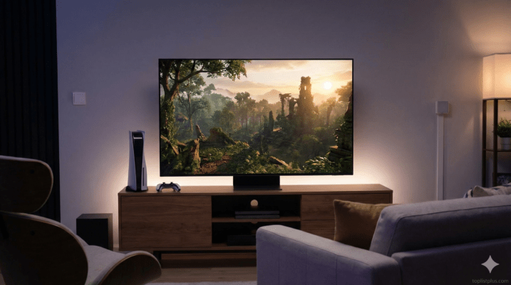 ภาพบรรยากาศห้องนั่งเล่นที่มีเครื่อง PlayStation 5 และหน้าจอทีวีแสดงกราฟิก เกม PS5 ภาพสวยที่สุด ความละเอียดสูง