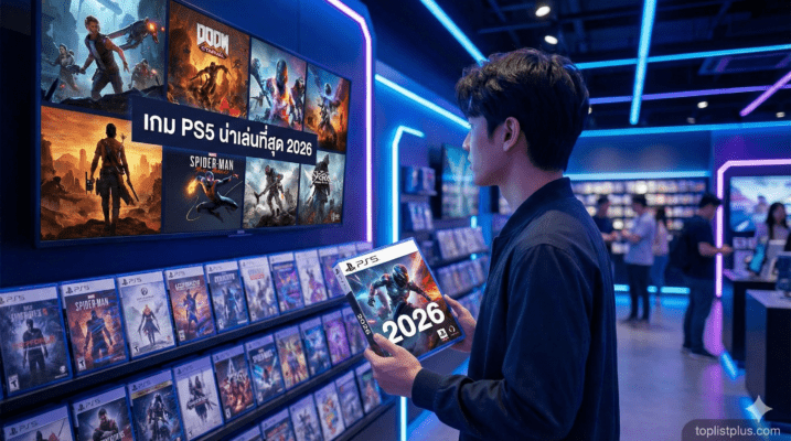 ชายหนุ่มกำลังเลือกซื้อแผ่นเกมในร้านค้าที่ทันสมัย โดยมีฉากหลังเป็นจอภาพขนาดใหญ่แสดงผล เกม PS5 น่าเล่นที่สุด 2026