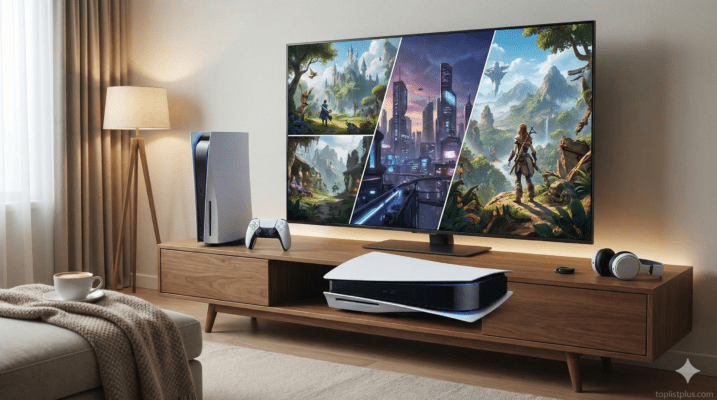 ภาพหน้าจอทีวีแสดงตัวอย่างเกม PS5 น่าเล่นที่สุด 2026 ในห้องนั่งเล่นที่มีคอนโซล PS5 วางอยู่