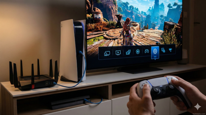 มุมมองการเล่นเกมแสดงคอนโซล PS5 จอยคอนโทรลเลอร์ และหน้าจอทีวีที่กำลังแสดงเมนูตั้งค่า เพื่อสาธิตวิธีตั้งค่า PS5 ให้ภาพสวยและเน็ตแรงที่สุด