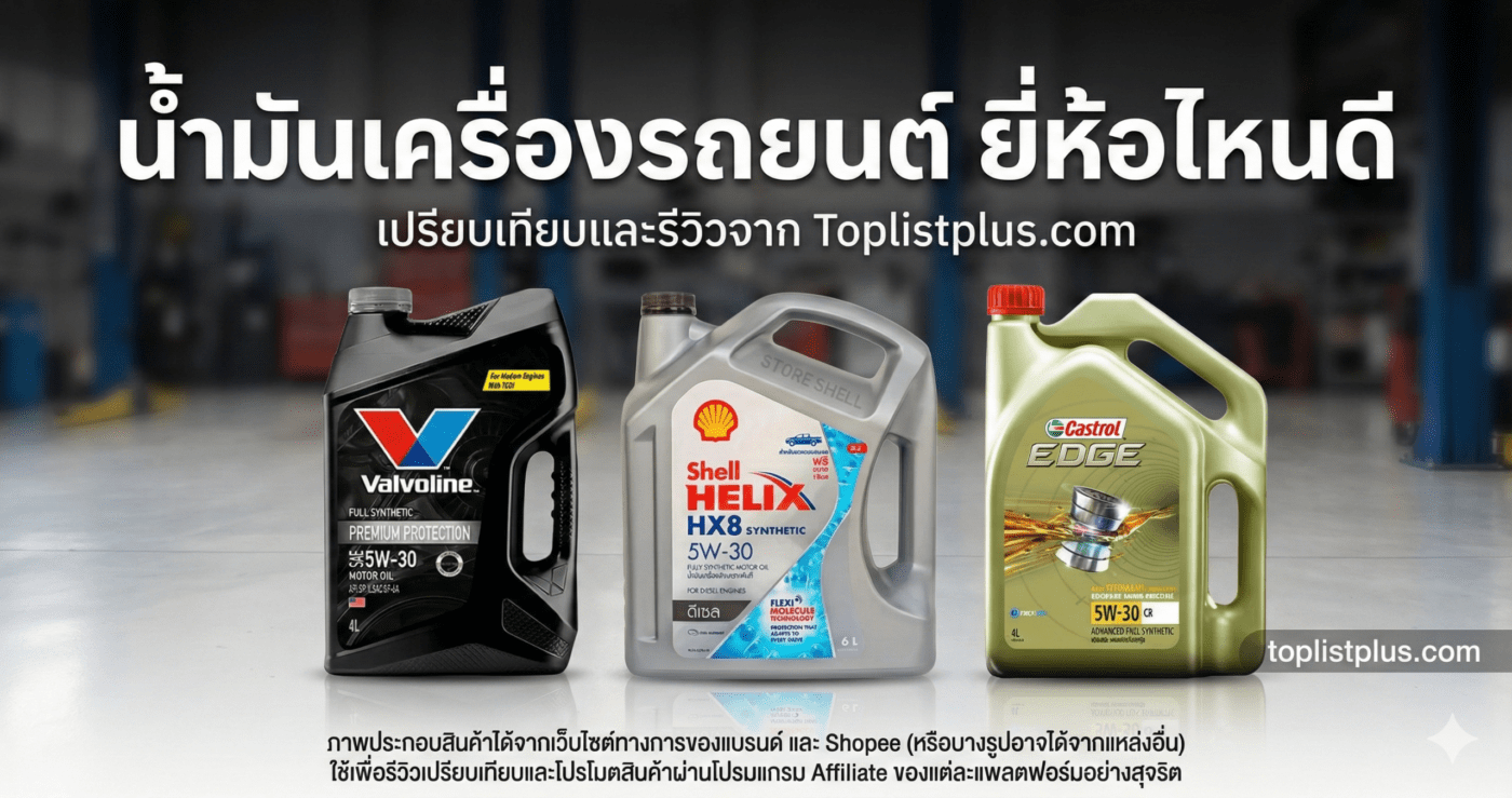 ภาพหน้าปกบทความเปรียบเทียบ น้ำมันเครื่องรถยนต์ ยี่ห้อไหนดี แสดงขวดน้ำมันเครื่อง Valvoline, Shell Helix และ Castrol EDGE