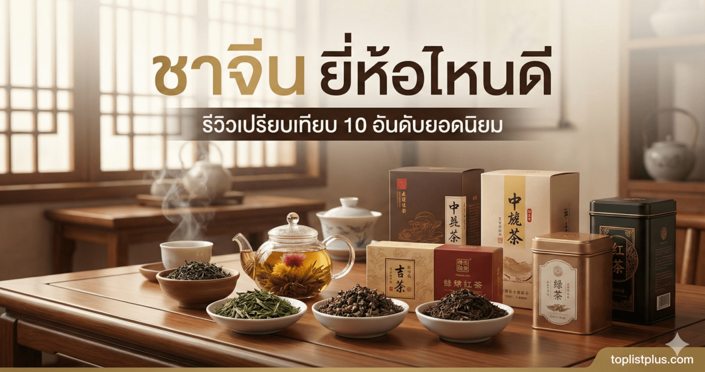 หน้าปกบทความ ชาจีน ยี่ห้อไหนดี รวม 10 อันดับยอดนิยม รีวิวเปรียบเทียบชาจีนหลากหลายยี่ห้อ พร้อมภาพประกอบสินค้าและบรรยากาศการชงชาแบบจีน