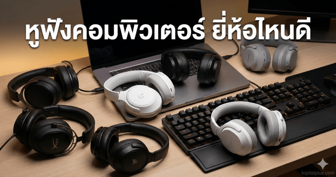 ภาพหน้าปกบทความรีวิวรวมรุ่นยอดฮิต เพื่อตอบคำถามว่า "หูฟังคอมพิวเตอร์ ยี่ห้อไหนดี" โดยมีหูฟังเกมมิ่งและทำงานหลากหลายแบรนด์วางอยู่บนโต๊ะคอมพิวเตอร์