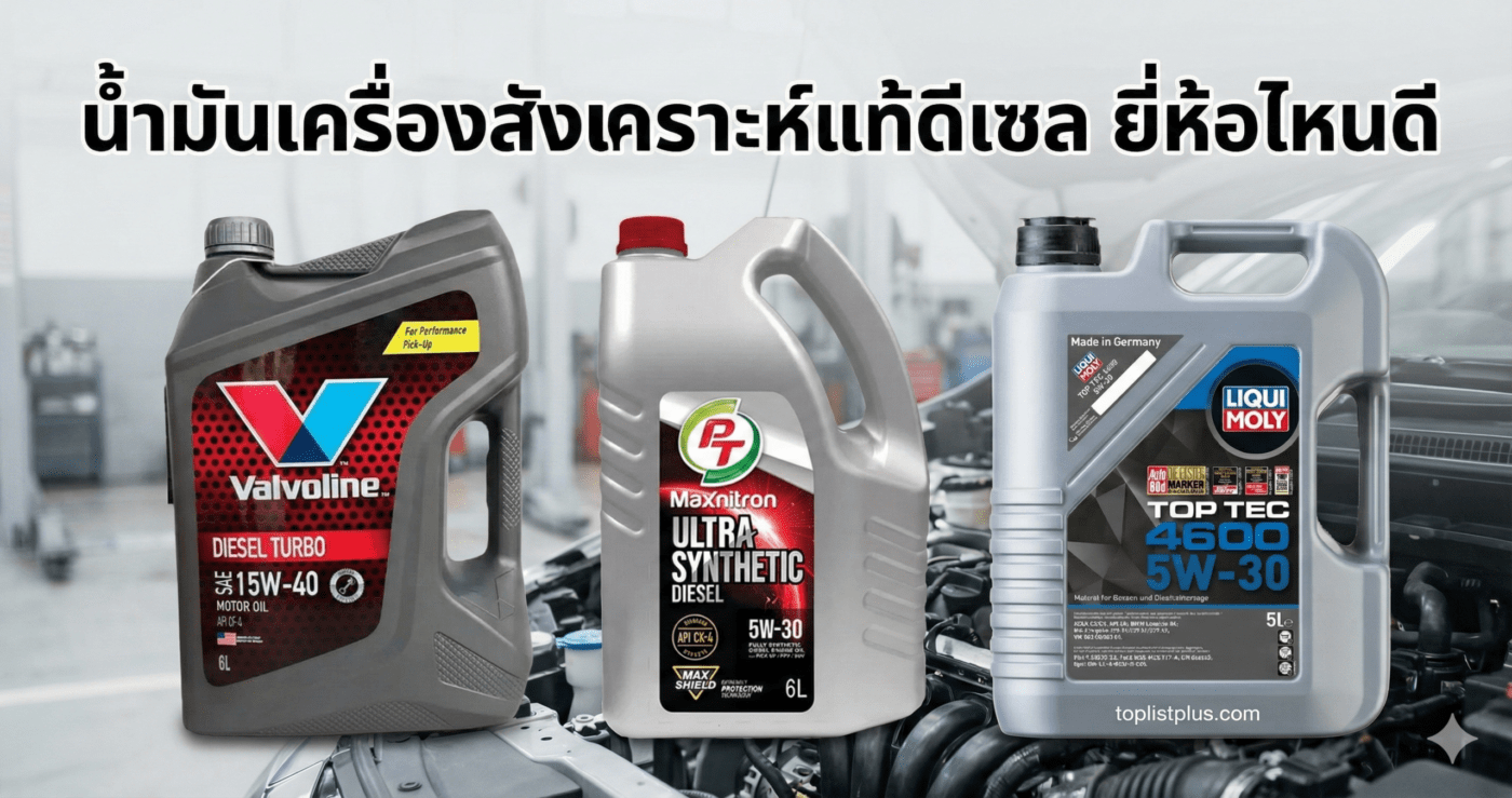 ภาพหน้าปกบทความรีวิวเปรียบเทียบ น้ำมันเครื่องสังเคราะห์แท้ดีเซล ยี่ห้อไหนดี แสดงรูปแกลลอนน้ำมันเครื่อง Valvoline, PT Maxnitron และ Liqui Moly