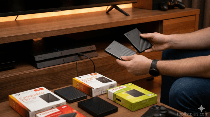 ภาพภ่ายขณะกำลังเปรียบเทียบและเลือกซื้อ External HDD สำหรับ PS4 รุ่นไหนดี โดยมีฮาร์ดดิสก์พกพาและกล่องผลิตภัณฑ์หลายยี่ห้อวางอยู่หน้าเครื่องเล่นเกมคอนโซล