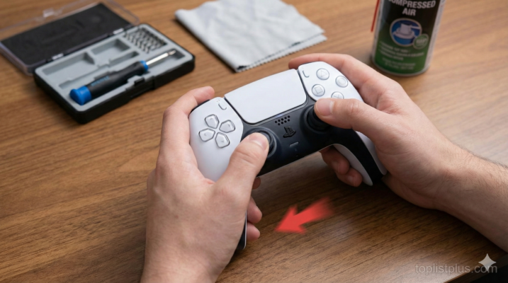 ภาพสาธิตการเตรียมอุปกรณ์เพื่อแก้ปัญหาจอย PS5 เดินเอง (Drift) เบื้องต้น แสดงจอยคอนโทรลเลอร์ที่มีลูกศรชี้ทิศทางอาการดริฟต์ พร้อมชุดไขควงและสเปรย์ลมทำความสะอาด