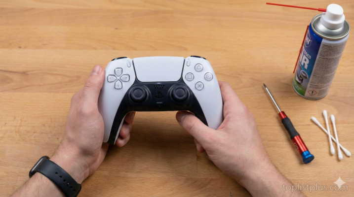 ภาพระยะใกล้แสดงอุปกรณ์และจอยคอนโทรลเลอร์สำหรับการแก้ปัญหาจอย PS5 เดินเอง (Drift) เบื้องต้น