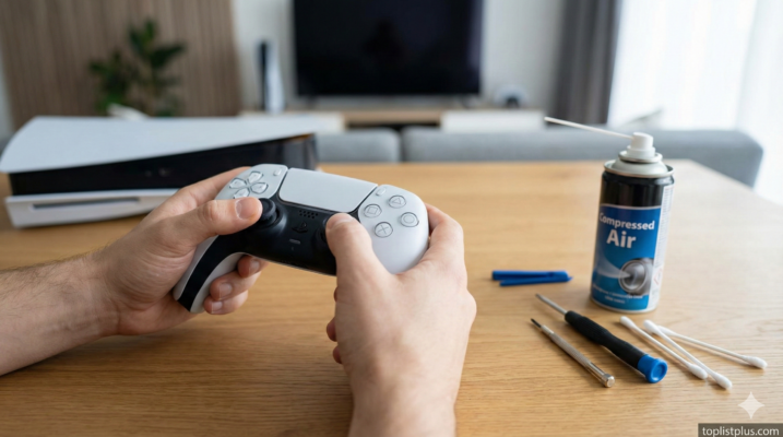 มือคนถือจอย DualSense พร้อมอุปกรณ์ซ่อมแซม เช่น สเปรย์ลมและไขควง เพื่อสาธิตการแก้ปัญหาจอย PS5 เดินเอง (Drift) เบื้องต้น