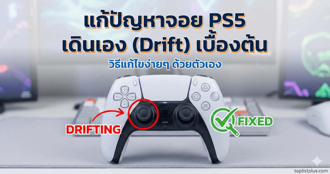 ภาพหน้าปกบทความ วิธีแก้ปัญหาจอย PS5 เดินเอง (Drift) เบื้องต้น พร้อมภาพประกอบจอย DualSense แสดงอาการ Drift และการแก้ไข