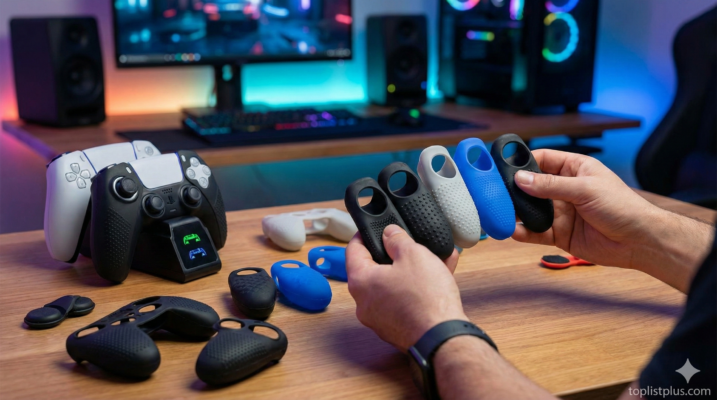 ภาพการเลือกซื้อและเปรียบเทียบ อุปกรณ์เสริมจอย ซิลิโคน กริป แท่นชาร์จ รุ่นไหนดี แสดงการจับถือสินค้าจริงบนโต๊ะเกมมิ่ง