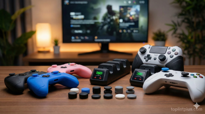 ภาพรวมอุปกรณ์เสริมจอย ซิลิโคน กริป และแท่นชาร์จ สำหรับประกอบบทความว่ารุ่นไหนดี