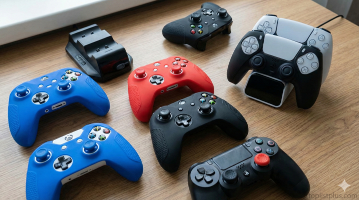 รวมภาพอุปกรณ์เสริมจอย ซิลิโคน กริป แท่นชาร์จ รุ่นไหนดี ทั้งของ Xbox และ PlayStation วางเรียงกันบนโต๊ะไม้