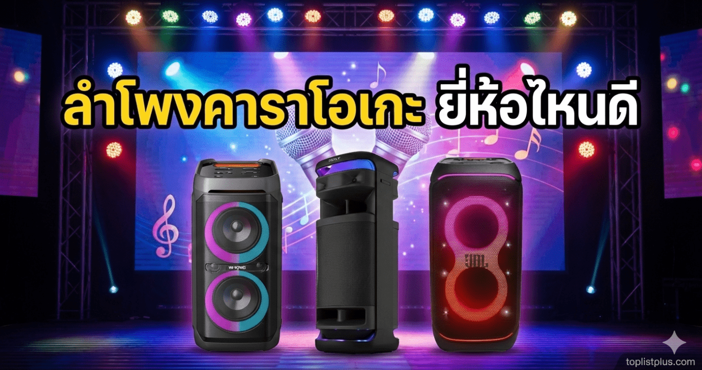 หน้าปกบทความแนะนำ ลําโพงคาราโอเกะ ยี่ห้อไหนดี พร้อมภาพตัวอย่างสินค้าจาก W-KING, Sony และ JBL
