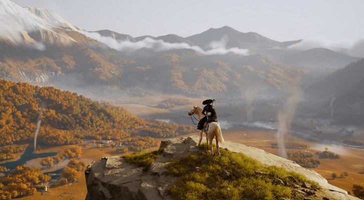 หน้าปกรีวิวเกม Ghost of Tsushima บน PS5 แสดงตัวละครหลัก Erika ท่ามกลางบรรยากาศภูเขาโยเท และทุ่งหญ้าสีแดงที่สวยงามสมจริง