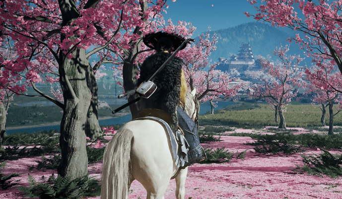 หน้าปกตัวอย่างการเล่นและบรรยากาศในเกมสำหรับบทความ รีวิวเกม Ghost of Yōtei บน PS5 เผยให้เห็นตัวละครหลักท่ามกลางทุ่งหญ้าและภูเขาโยเทอิ