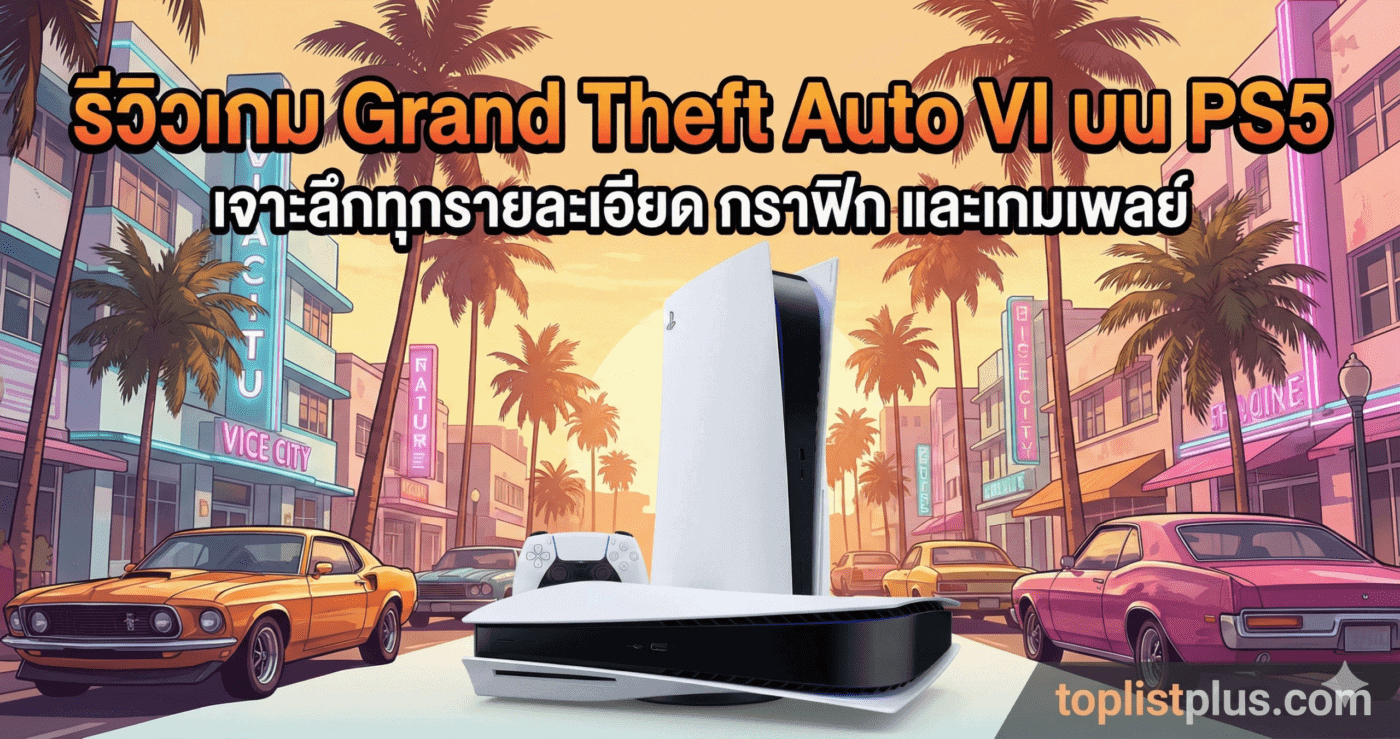 ภาพหน้าปกบทความ รีวิวเกม Grand Theft Auto VI บน PS5 พร้อมเครื่องคอนโซลและฉากหลังสไตล์ไวซ์ซิตี้