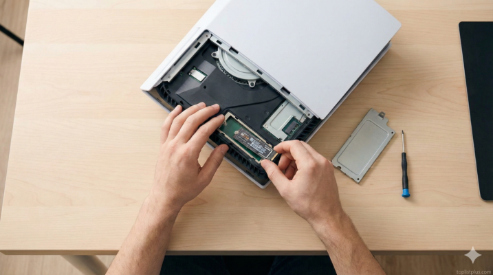ภาพมุมสูงแสดงขั้นตอนสำคัญของวิธีใส่ SSD PS5 ด้วยตัวเอง โดยมีมือคนกำลังติดตั้ง M.2 NVMe SSD ลงในช่องขยายของเครื่องคอนโซล PlayStation 5 ที่เปิดฝาออกแล้วอย่างชัดเจน