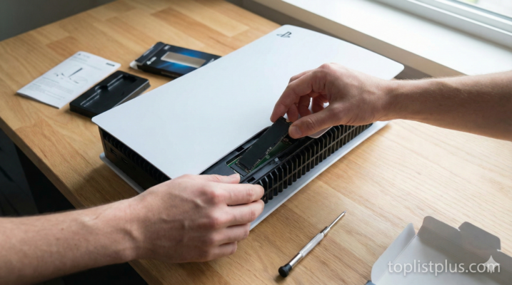 ภาพแสดงขั้นตอนในวิธีใส่ SSD PS5 ด้วยตัวเอง โดยมีการใช้ไขควงเปิดฝาช่องขยายและติดตั้ง SSD ลงไป