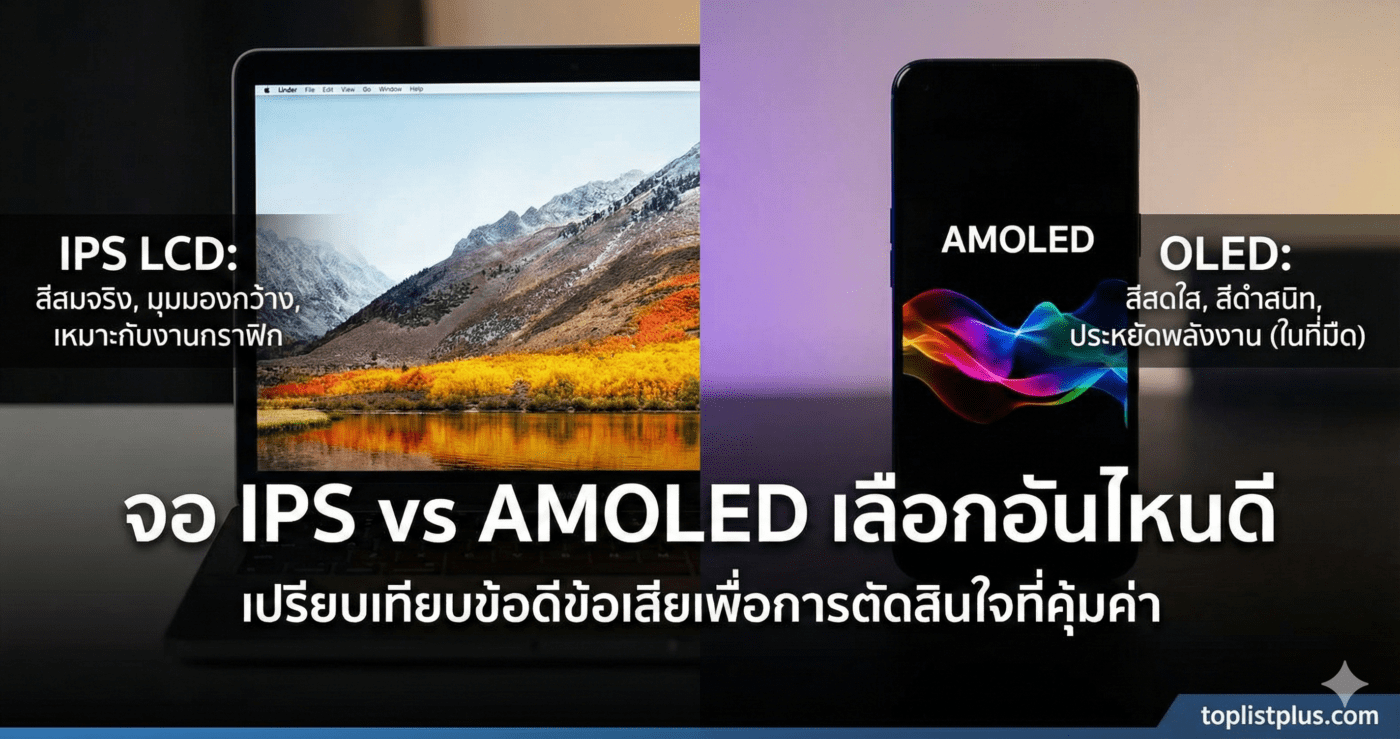 ภาพเปรียบเทียบหน้าจอแสดงผลระหว่างแล็ปท็อป IPS LCD และสมาร์ทโฟน AMOLED OLED สำหรับบทความ จอ IPS vs AMOLED เลือกอันไหนดี
