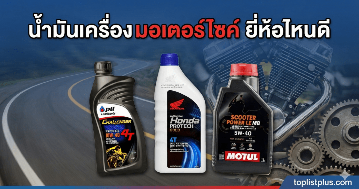 ภาพหน้าปกบทความรีวิวรวมขวดน้ำมันเครื่องมอเตอร์ไซค์หลายแบรนด์ชั้นนำ พร้อมข้อความพาดหัวว่า น้ำมันเครื่อง มอเตอร์ไซค์ ยี่ห้อไหนดี เพื่อช่วยเลือกซื้อ