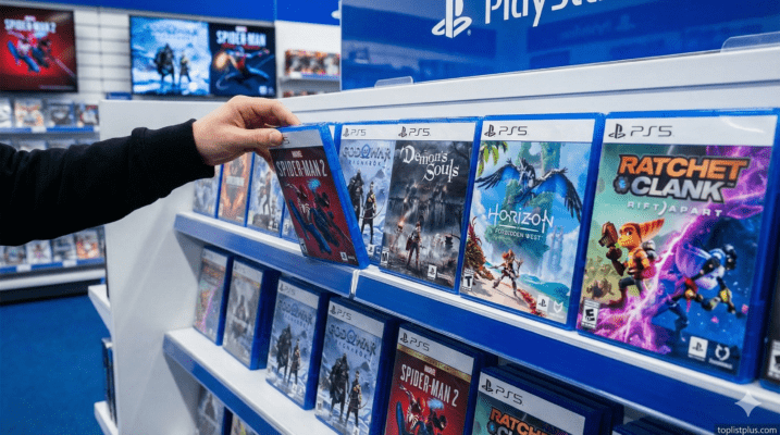 ภาพมือหยิบแผ่นเกม Exclusive PS5 ที่ห้ามพลาด บนชั้นวางสินค้าในร้านค้าปลีก