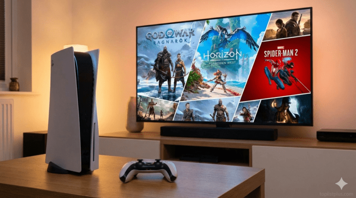 ภาพเครื่อง PlayStation 5 และจอย DualSense บนโต๊ะไม้ พร้อมหน้าจอทีวีขนาดใหญ่ที่แสดงรวมภาพหน้าปก เกม Exclusive PS5 ที่ห้ามพลาด หลากหลายเกม เช่น God of War Ragnarök, Horizon Forbidden West และ Marvel's Spider-Man 2