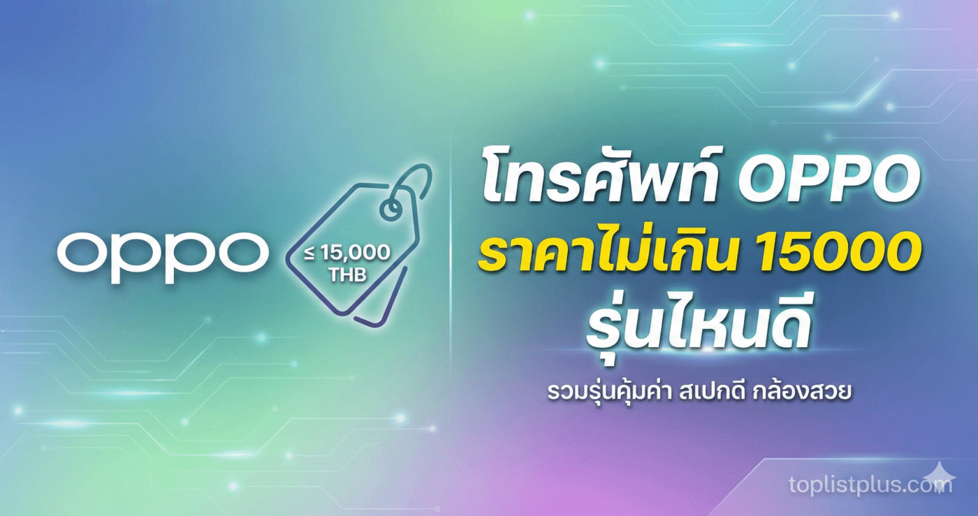 ภาพหน้าปกบทความแนะนำ โทรศัพท์ OPPO ราคาไม่เกิน 15000 รุ่นไหนดี รวมรุ่นคุ้มค่า สเปกดี กล้องสวย พร้อมโลโก้ OPPO และป้ายราคา