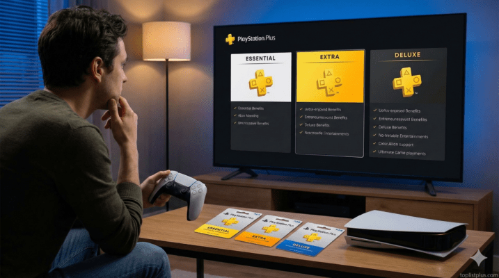 ภาพประกอบบทความ เจาะลึก PS Plus Essential Extra Deluxe สมัครอันไหนคุ้ม แสดงชายหนุ่มกำลังพิจารณาตัวเลือกแพ็กเกจบนหน้าจอทีวี