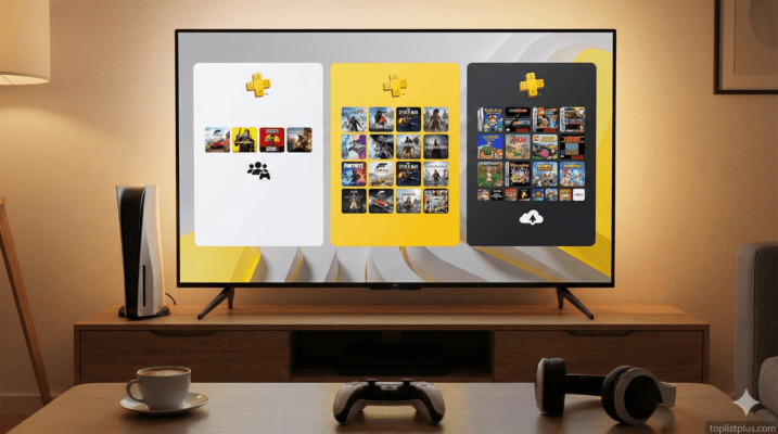 ภาพกราฟิกจำลองหน้าจอทีวีแสดงตัวเลือกแพ็กเกจ PlayStation Plus ทั้ง 3 ระดับ พร้อมเครื่อง PS5 ในห้องนั่งเล่น สำหรับประกอบบทความ เจาะลึก PS Plus Essential Extra Deluxe สมัครอันไหนคุ้ม