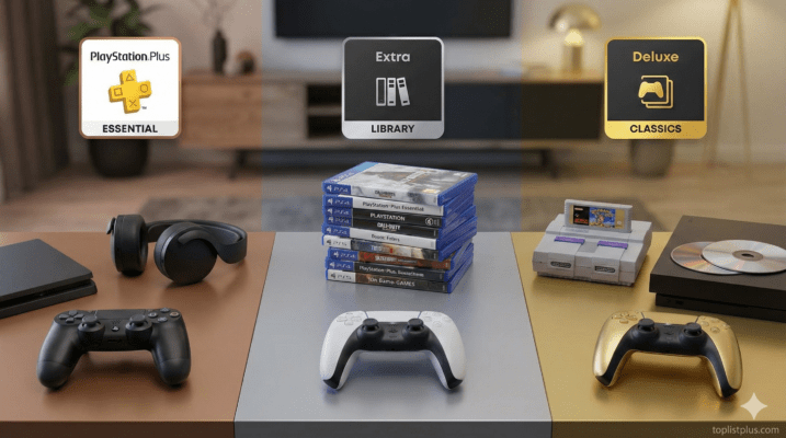 เจาะลึก PS Plus Essential Extra Deluxe สมัครอันไหนคุ้ม: ภาพเปรียบเทียบจอยเกม คอนโซล และโลโก้ของแพ็กเกจสมาชิกทั้งสามระดับบนโต๊ะไม้
