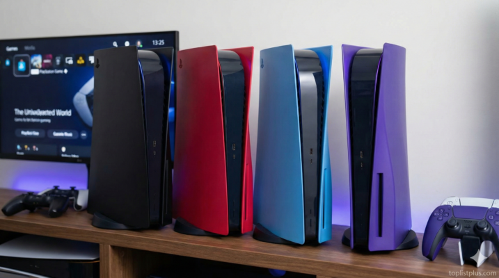 เครื่อง PlayStation 5 จำนวน 4 เครื่องที่ใส่ฝาครอบหลากสี (ดำ แดง น้ำเงิน ม่วง) วางเรียงกัน เป็นภาพประกอบสำหรับบทความฝาครอบเครื่อง PS5 รุ่นไหนดี