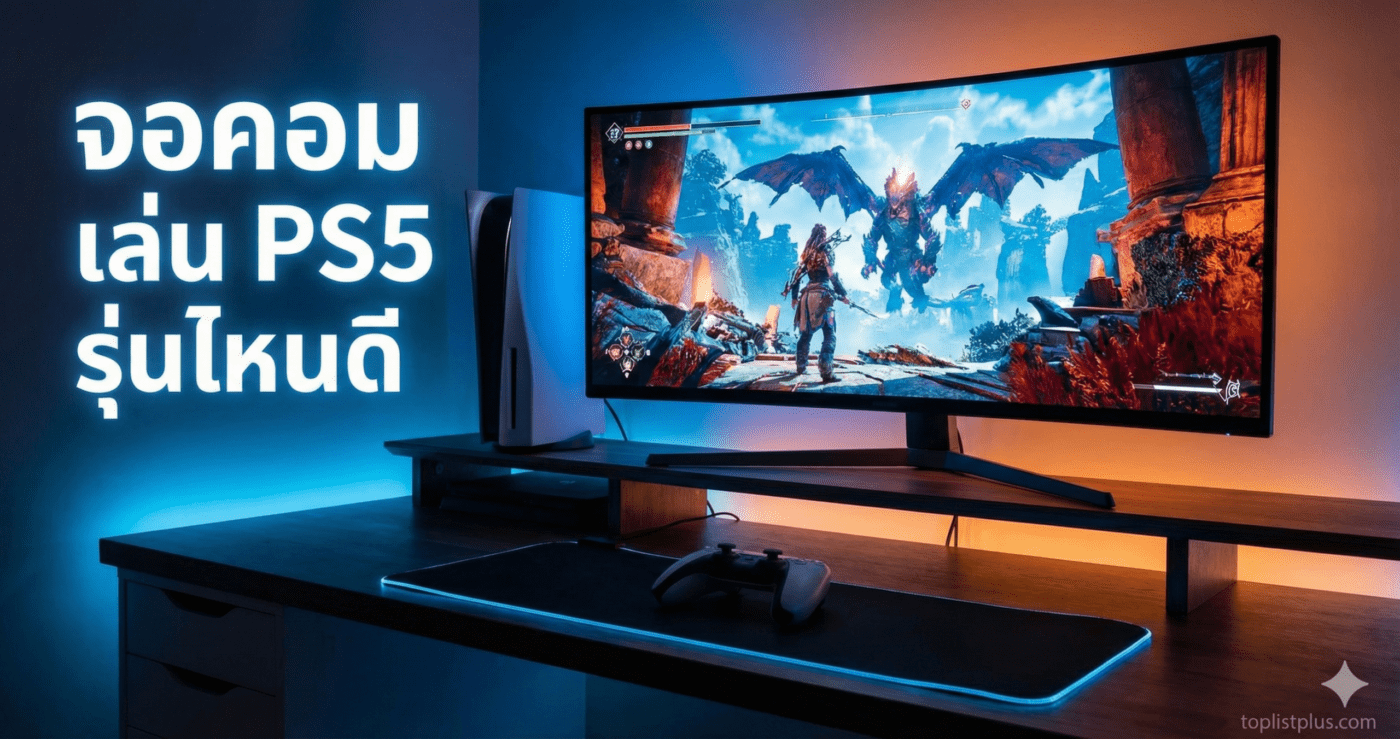 หน้าปกบทความแนะนำ "จอคอม เล่น PS5 รุ่นไหนดี" พร้อมภาพประกอบชุดคอมพิวเตอร์เกมมิ่ง จอโค้ง แสดงผลเกมจากเครื่อง PlayStation 5
