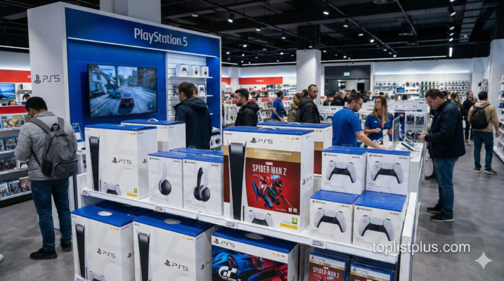 บรรยากาศภายในร้านขาย PS5 ที่มีสินค้าคอนโซลและอุปกรณ์เสริมวางจำหน่ายครบครัน