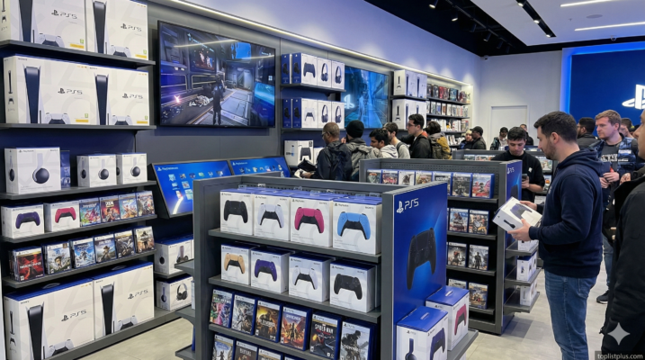 บรรยากาศภายในร้านขาย PS5 ที่ทันสมัย มีเครื่องเล่นเกม คอนโทรลเลอร์ และแผ่นเกมวางจำหน่ายจำนวนมาก พร้อมลูกค้าที่กำลังเดินเลือกซื้อสินค้า