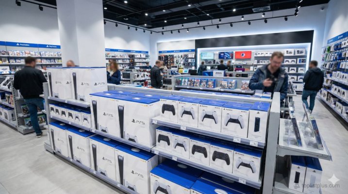 บรรยากาศภายในร้านขายเครื่องเล่นเกมที่มีสินค้า PS5 จำนวนมากวางจำหน่าย แสดงถึงความพร้อมของร้านขาย PS5 Description: รูปภาพนี้ถ่ายทอดบรรยากาศที่คึกคักภายในร้านขายเครื่องเล่นเกมชั้นนำ ซึ่งเต็มไปด้วยสินค้า PS5 ทั้งตัวเครื่องและอุปกรณ์เสริมมากมาย เป็นตัวอย่างที่ดีของร้านขาย PS5 ที่มีสินค้าครบครันและพร้อมให้บริการลูกค้า