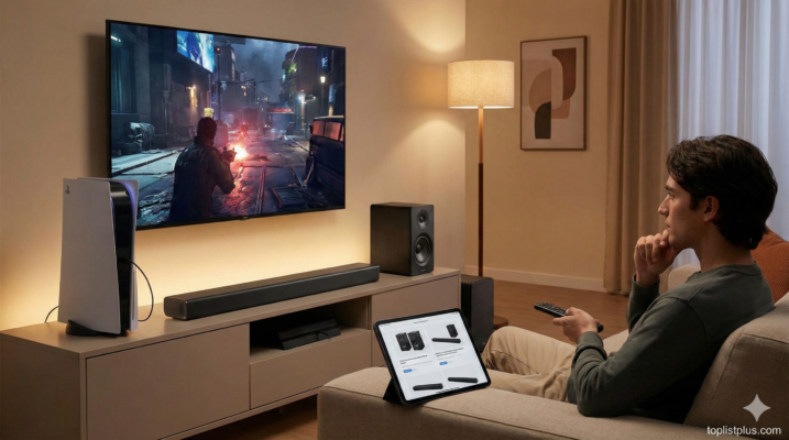 ชายหนุ่มกำลังนั่งอยู่ในห้องนั่งเล่นที่มีชุดเกมคอนโซล PS5 และกำลังใช้แท็บเล็ตดูข้อมูลเปรียบเทียบเพื่อตัดสินใจว่า ลำโพง และ Soundbar สำหรับ PS5 รุ่นไหนดี