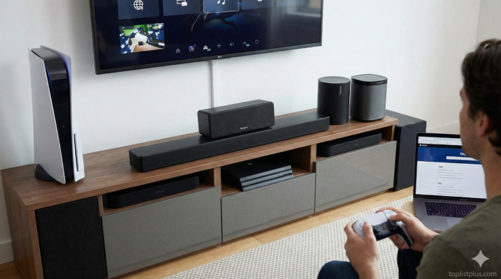 ภาพบรรยากาศห้องนั่งเล่นที่มีผู้ใช้งานกำลังเล่นเกม PS5 เชื่อมต่อกับชุดเครื่องเสียง เพื่อประกอบบทความแนะนำการเลือกซื้อ ลำโพง และ Soundbar สำหรับ PS5 รุ่นไหนดี