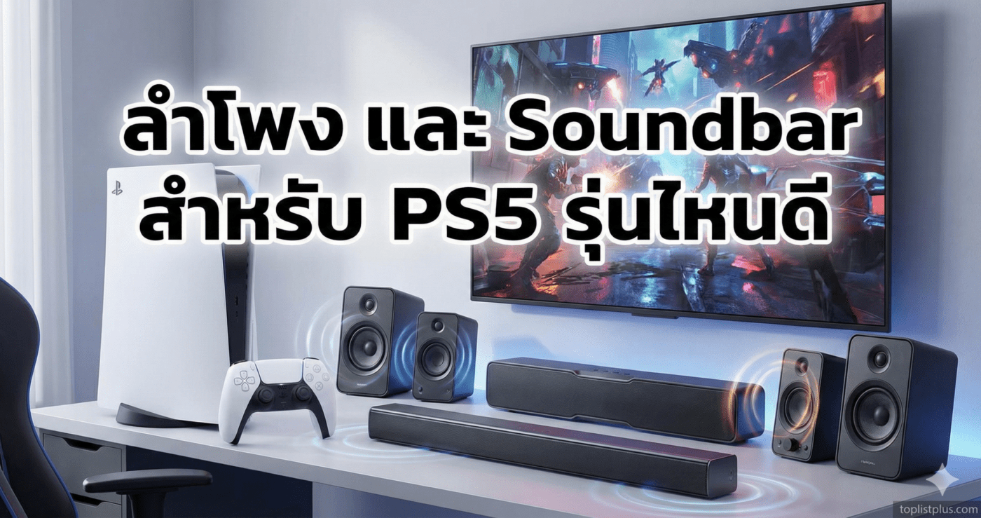 ภาพหน้าปกบทความ "ลำโพง และ Soundbar สำหรับ PS5 รุ่นไหนดี" แสดงเครื่องเล่น PS5, คอนโทรลเลอร์ DualSense, และชุดลำโพงและซาวด์บาร์หลายรุ่นวางบนโต๊ะ พร้อมทีวีขนาดใหญ่แสดงฉากเกม