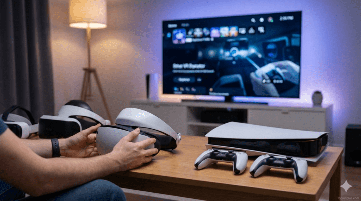 ภาพประกอบบทความเคล็ดลับการเลือกซื้อ กำลังเปรียบเทียบ แว่น VR สำหรับ PS5 รุ่นไหนดี โดยมีเครื่อง PS5 และแว่น PlayStation VR2 อยู่บนโต๊ะ