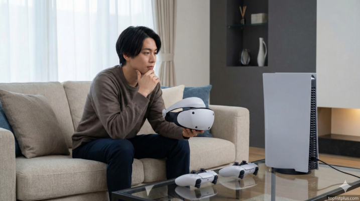 ภาพประกอบบทสรุป ผู้ใช้กำลังพิจารณา แว่น VR สำหรับ PS5 รุ่นไหนดี โดยถือ PlayStation VR2 อยู่ข้างเครื่องคอนโซล