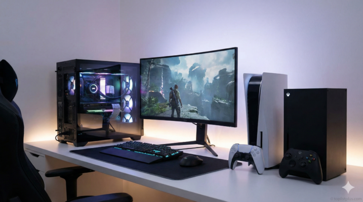 ภาพมุมโต๊ะคอมพิวเตอร์ที่จัดวาง PC, PlayStation 5 และ Xbox Series X ไว้ด้วยกัน สำหรับประกอบบทความเปรียบเทียบ PS5 vs PC Gaming vs Xbox Series X