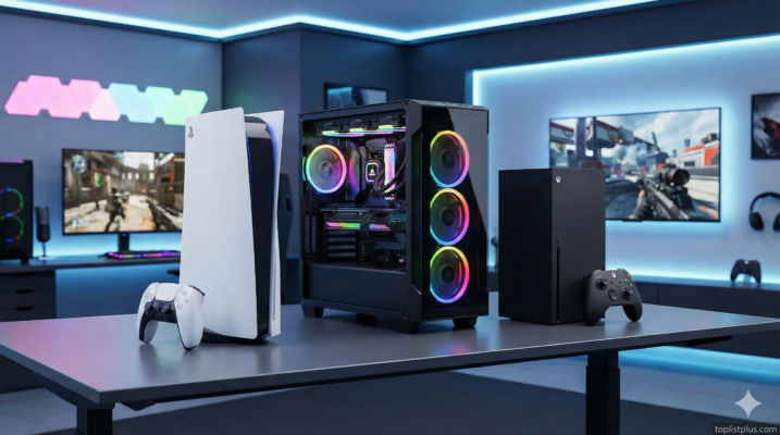 ภาพเปรียบเทียบ PS5 vs PC Gaming vs Xbox Series X ในห้องเกมมิ่ง พร้อมลายน้ำ toplistplus.com