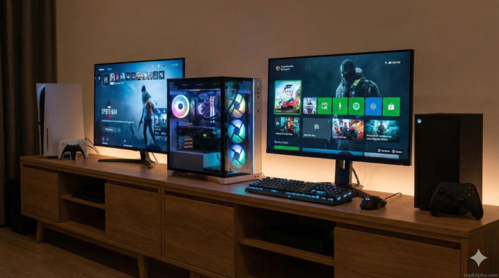 ภาพถ่ายจริงแสดงการจัดวางเครื่องเล่นเกมสามแบบ ได้แก่ PlayStation 5, คอมพิวเตอร์ตั้งโต๊ะสำหรับเล่นเกม (PC), และ Xbox Series X วางเรียงกันในห้องนั่งเล่น เพื่อสื่อถึงการ เปรียบเทียบ PS5 vs PC Gaming vs Xbox Series X ด้านการใช้งานและดีไซน์